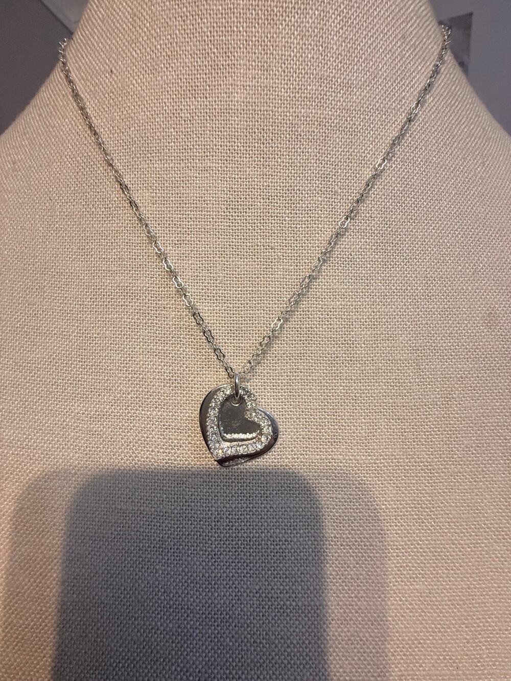 Silver Tone Rhinestone Heart Pendant Necklace 18” +3”